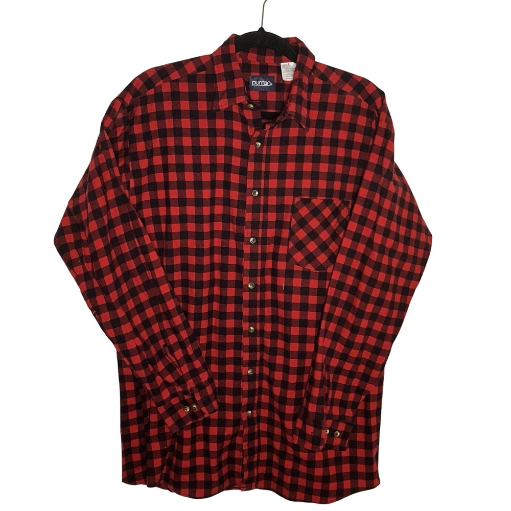 Vintage Puritan Shirt Mens L Red Black Buffalo Plaid Cotton Flannel Lumberjack